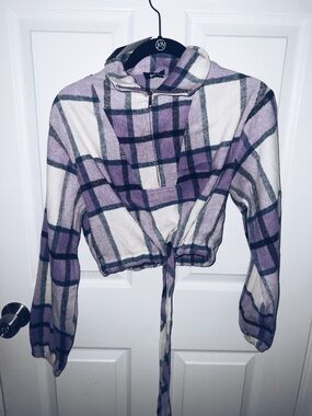 Preppy Purple Plaid Collared Tie-Front Crop Top • Long Sleeve Soft Girl